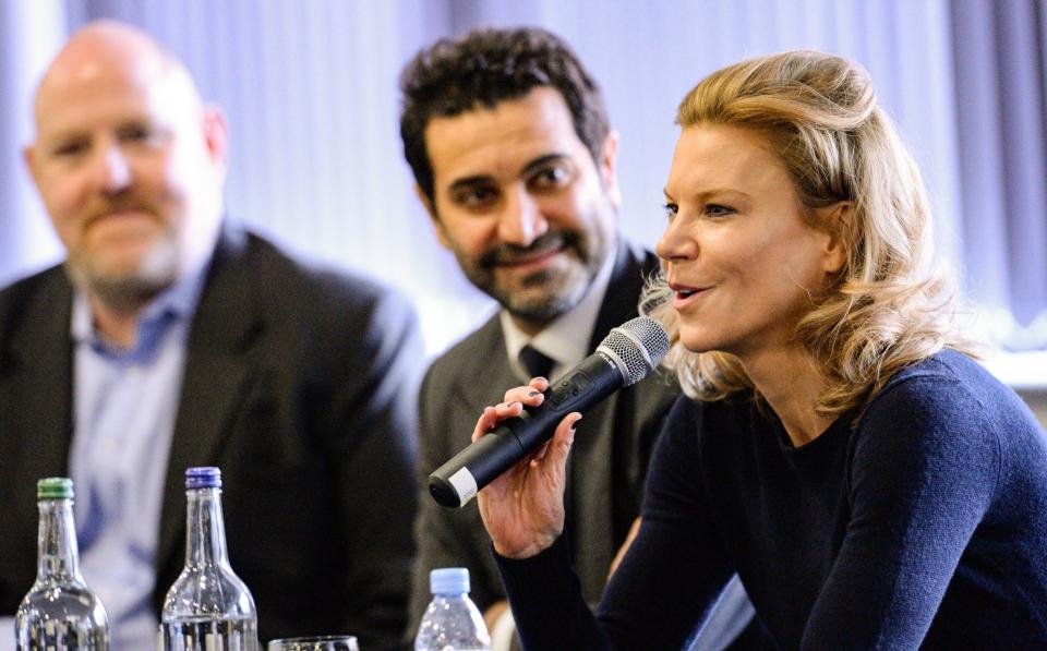 Newcastle United Director Amanda Staveley speaks to staff as Mehrdad Ghodoussi (C) and Barclay Saastad (L) look on at St. James Park on October 08, 2021 in Newcastle upon Tyne, England. - GETTY IMAGES