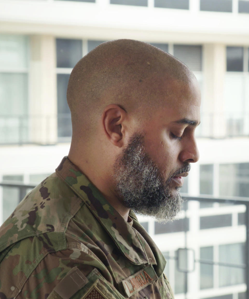 This still image provided by Terrace Films shows Major Rafael Lantigua Jr. at the U.S. Air Force Academy in April 2022, in Colorado Springs, Colo. Lantigua is featured in "Three Chaplains," a documentary that offers a peek into the worlds of Muslim military chaplains. (Courtesy David Washburn/Terrace Films via AP)