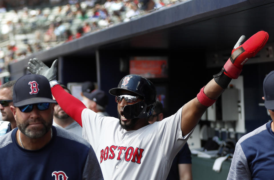 Boston Red Sox third baseman Eduardo Nunez (36) reacts after scoring on an Ian Kinsler double in the fifth inning of baseball game against <g class=