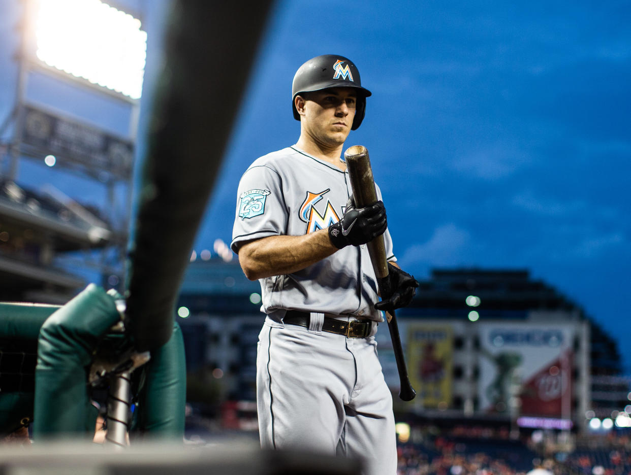 WASHINGTON, D.C. – SEPTEMBER 25: J.T. Realmuto #11 of the Miami Marlins looks on during a game against the Washington Nationals at Nationals Park on Tuesday, September 25, 2018 in Washington, D.C. (Photo by Rob Tringali/MLB Photos via Getty Images)