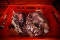 A box with vacuum-sealed beef meat is pictured at the Biernacki Meat Plant slaughterhouse in Golina near Jarocin, western Poland