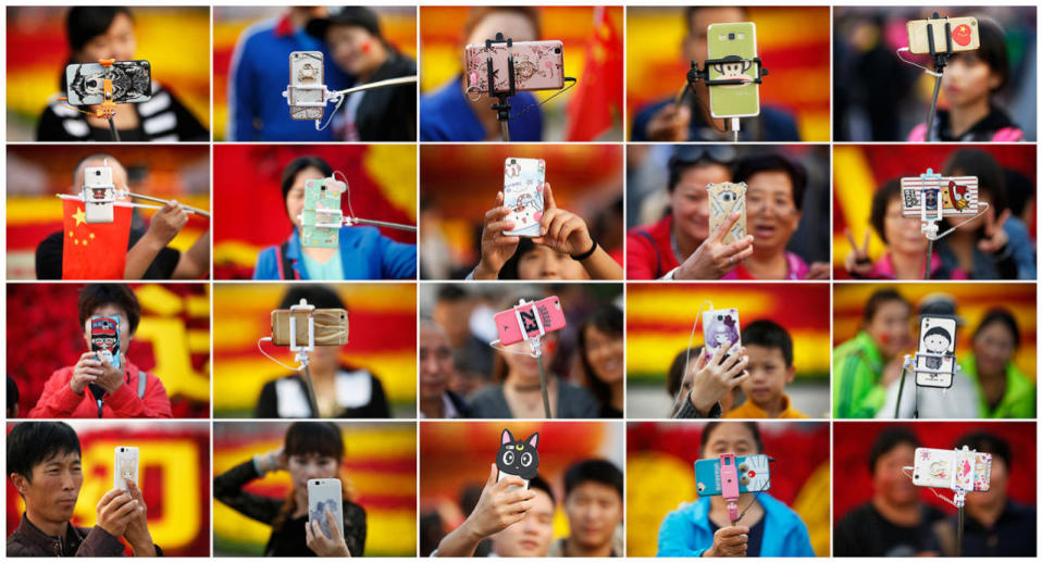 A combination of pictures shows people taking photos of themselves in Tiananmen Square