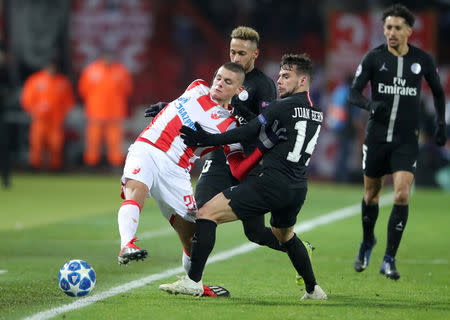 Soccer Football - Champions League - Group Stage - Group C - Crvena Zvezda v Paris St Germain - Rajko Mitic Stadium, Belgrade, Serbia - December 11, 2018 Crvena Zvezda's Dejan Joveljic in action with Paris St Germain's Juan Bernat REUTERS/Marko Djurica