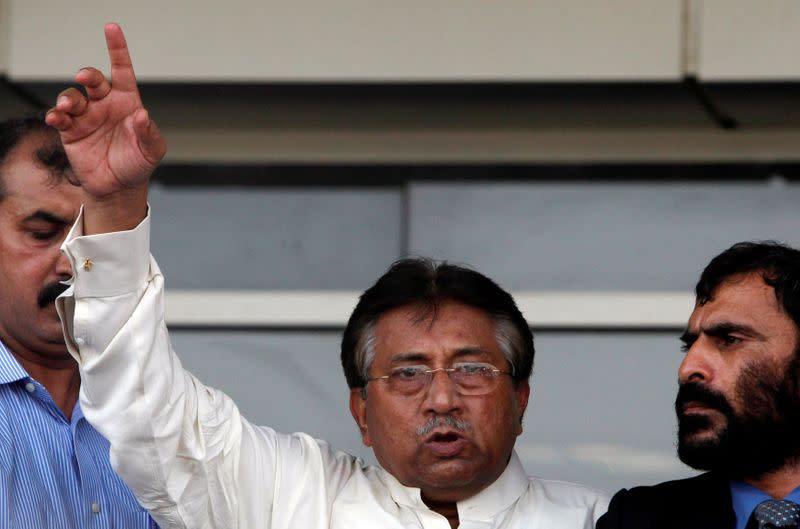 FILE PHOTO: Pakistan's former President, Pervez Musharraf, addresses his supporters upon his arrival from Dubai at Jinnah International airport in Karachi