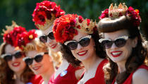 <p>Anna Gilthorpe, right with Khiley Williams, Meg Gallagher, Katy Heavens, and Lisa Millar pose for photographers on the first day of the Royal Ascot horse race meeting in Ascot, England, Tuesday, June 20, 2017. (AP Photo/Alastair Grant) </p>