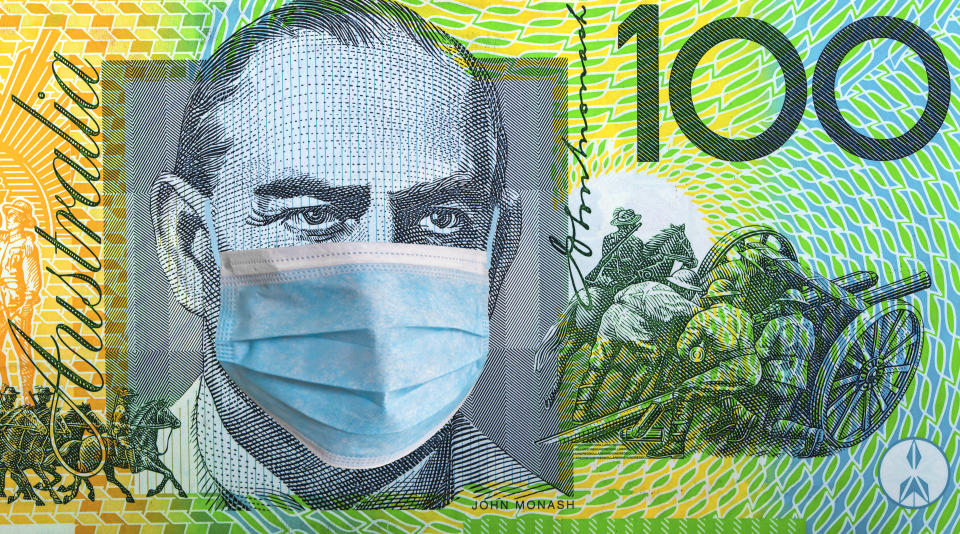 100 dollar banknote with medical mask. 