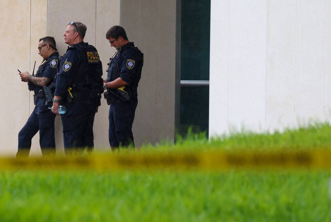 On Monday, June 12, 2023, DHS officers stand near the Wilkie D. Ferguson Jr. U.S. Courthouse in preparation of former President Donald Trump’s federal court appearance on Tuesday. Trump is facing 37 counts in a federal indictment related to his handling of classified documents after he left office. Carl Juste/cjuste@miamiherald.com