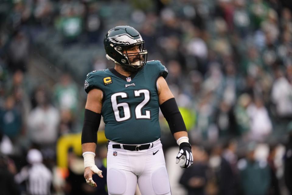 Philadelphia Eagles' Jason Kelce warms up before Sunday's NFC championship game