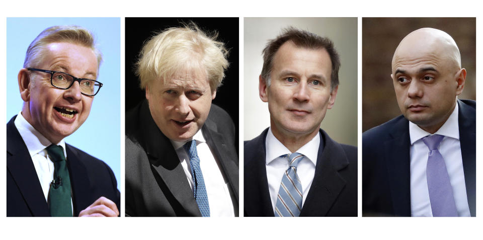 COMBO FILE - In this file four-photo combo image of various recent dates, showing the contenders still placed to become leader of the Conservative Party, Wednesday June 19, 2019, with from left: Michael Gove, Boris Johnson, Jeremy Hunt, Sajid Javid. Rory Stewart has dropped out of the contest Wednesday. Britain's Conservative Party will continue to hold elimination votes until the final two contenders will be put to a vote of party members nationwide, with the winner due to replace Prime Minister Theresa May as party leader and prime minister. (AP FILE Photo combo)