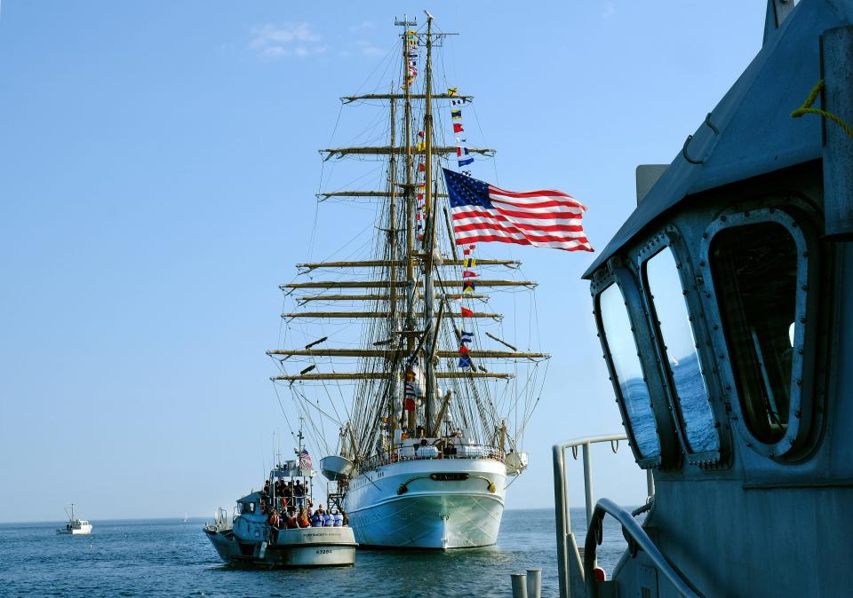 Coast Guard cutters from Station Portsmouth Harbor arrive to bring guests to the Coast Guard cutter Eagle Thursday afternoon, as it arrives at the mouth of Portmsouth Harbor for the Sail Portsmouth 2019 festival.
[Rich Beauchesne/Seacoastonline]