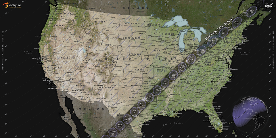 April's path of totality is calculated to be a lot beefier than the 2017 solar eclipse, covering a range of 108 and 122 miles wide. This eclipse will travel across three North American countries, crossing from Sinaloa, Mexico into Texas, up to Maine and exiting over Quebec, Canada.