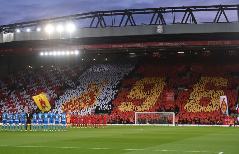 Anfield stadium pays tribute to the victims of the 1989 Hillsborough stadium disaster, in April 2017