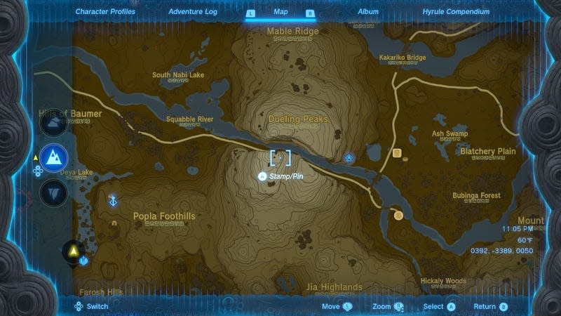 A map shows the location of the destination in the Dueling Peaks Stable quest.