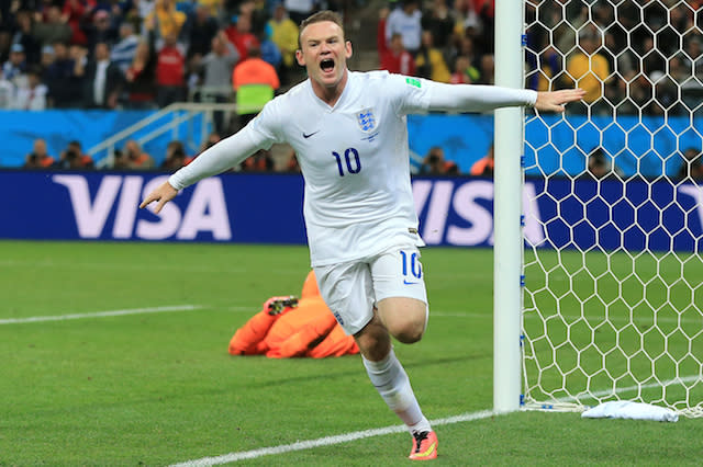 England's Wayne Rooney celebrates scoring their first goal of the game during the Group D match the Estadio do Sao Paulo, Sao Paulo, Brazil. PRESS ASSOCIATION Photo. Picture date: Thursday June 19, 2014. See PA Story SOCCER England. Photo credit should read: Nick Potts/PA Wire. Editorial use only. RESTRICTIONS: No commercial use. No use with any unofficial 3rd party logos. No manipulation of images. No video emulation