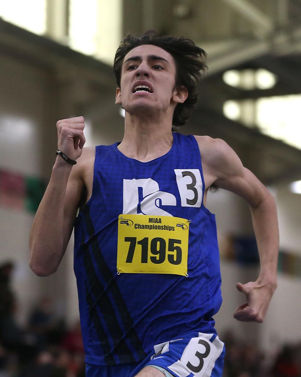 Dover-Sherborn’s Matt Rooney sprints to the finish line in the 1000 meter for 7th place at the MIAA Meet of Champions at the Reggie Lewis Track Center in Boston on Saturday, Feb. 25, 2023.