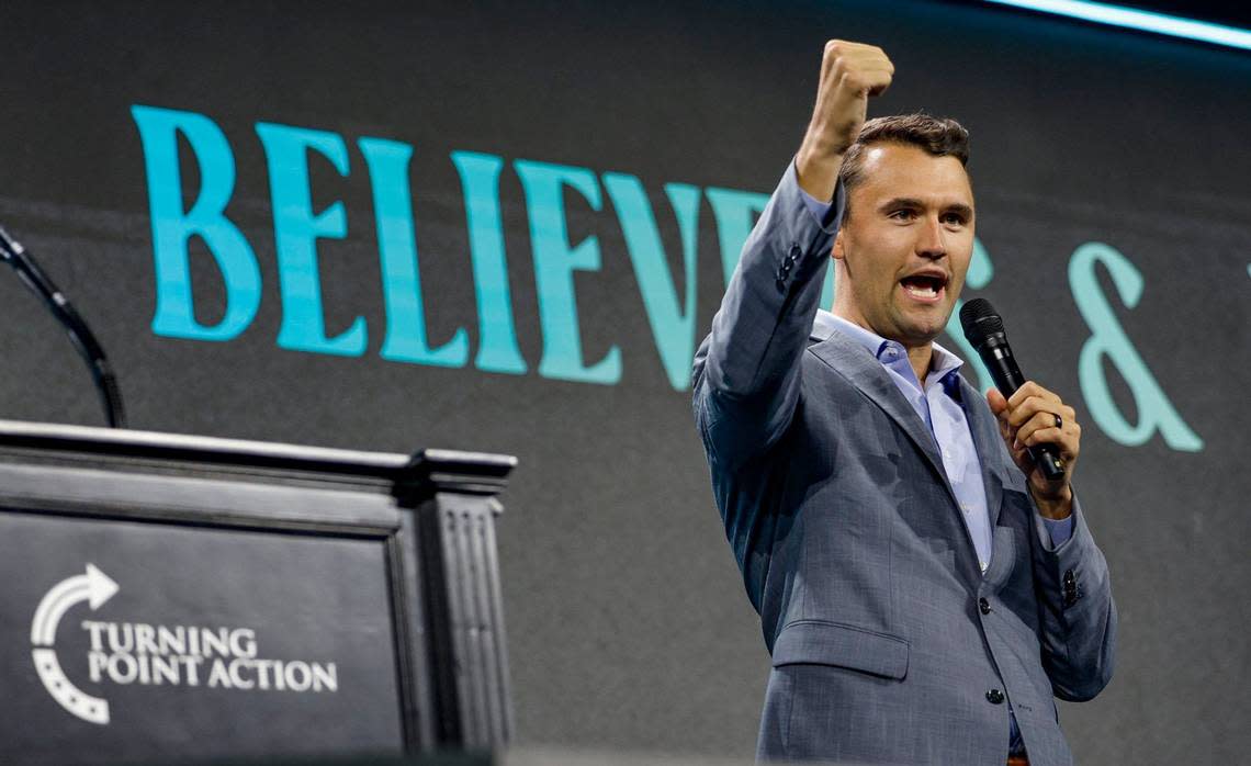 Founder and President of Turning Point USA Charlie Kirk speaks during the Turning Point Believers Summit at the Palm Beach County Convention Center on Friday, July 26, 2024.