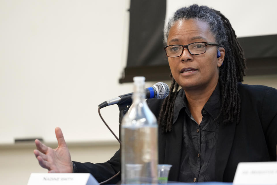 Nadine Smith, LGBT activist and executive director of Equality Florida addresses a conference: "Contested Truths: LGBTQ Research in the Age of Misinformation," examining the spread of LGBTQ+ misinformation in the media, policymaking, and academia, at the Williams Institute at the UCLA School of Law in Los Angeles campus Friday, April 14, 2023. (AP Photo/Damian Dovarganes)