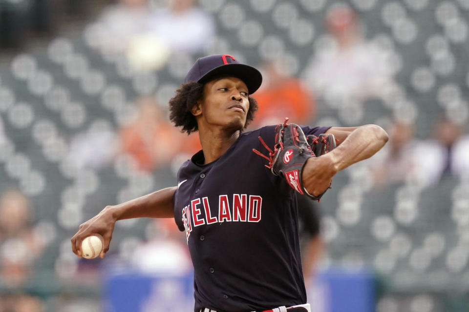 Cleveland Indians starting pitcher Triston McKenzie throws during the first inning of a baseball game against the Detroit Tigers, Wednesday, May 26, 2021, in Detroit. (AP Photo/Carlos Osorio)