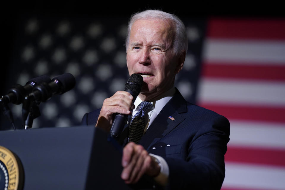 President Joe Biden speaks about student loan debt relief at Delaware State University, Friday, Oct. 21, 2022, in Dover, Del. (AP Photo/Evan Vucci)