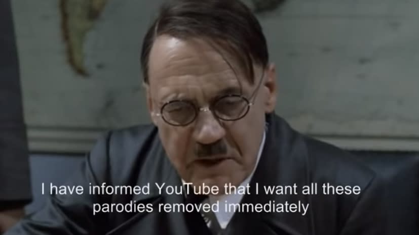 A meme featuring actor Bruno Ganz depicting Adolf Hitler in the film Downfall.