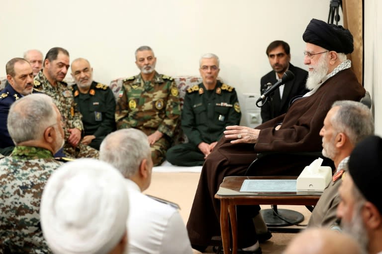 A handout picture provided by the office of Iran's Supreme Leader Ayatollah Ali Khamenei showing him speaking to commanders of the Iranian armed forces a week after Tehran's direct attack on Israel (-)