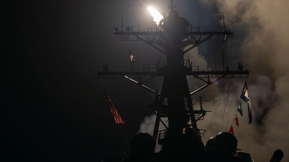 The U.S. Navy destroyer Gravely launches Tomahawk land-attack missiles in response to Iranian-backed Houthi behavior in the Red Sea on Jan. 12, 2024. (MC1 Jonathan Word/U.S. Navy)