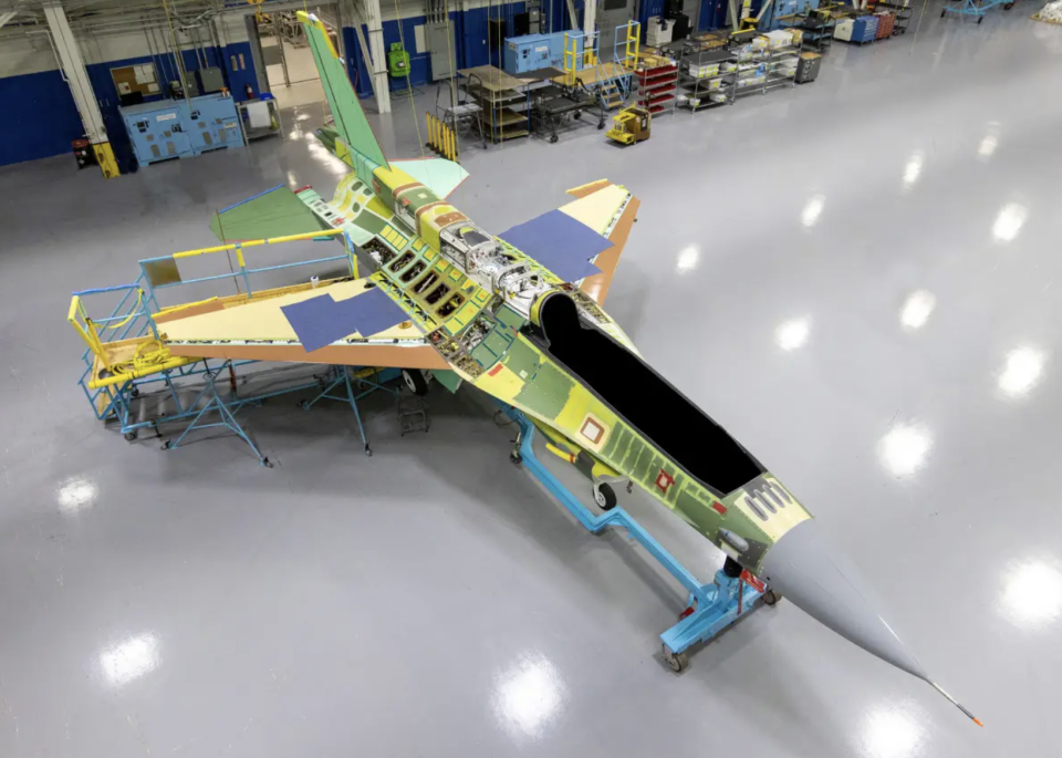 A Block 70 F-16 during construction at the Lockheed Martin plant in Greenville, South Carolina. The company has said it could build new F-16s to backfill any jets donated to Ukraine. <em>Lockheed Martin</em><br>