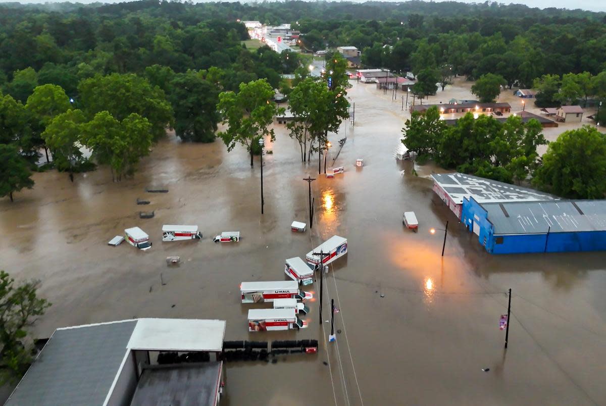 Flooding in downtown Livingston on May 2, 2024. Thousands fled their Southeast Texas homes as heavy rains saturated land in multiple counties.