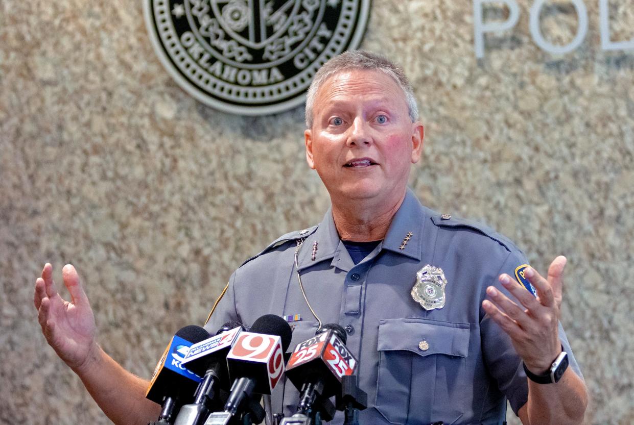 Oklahoma City Police Chief Wade Gourley, shown at a 2023 news conference, has announced his retirement.