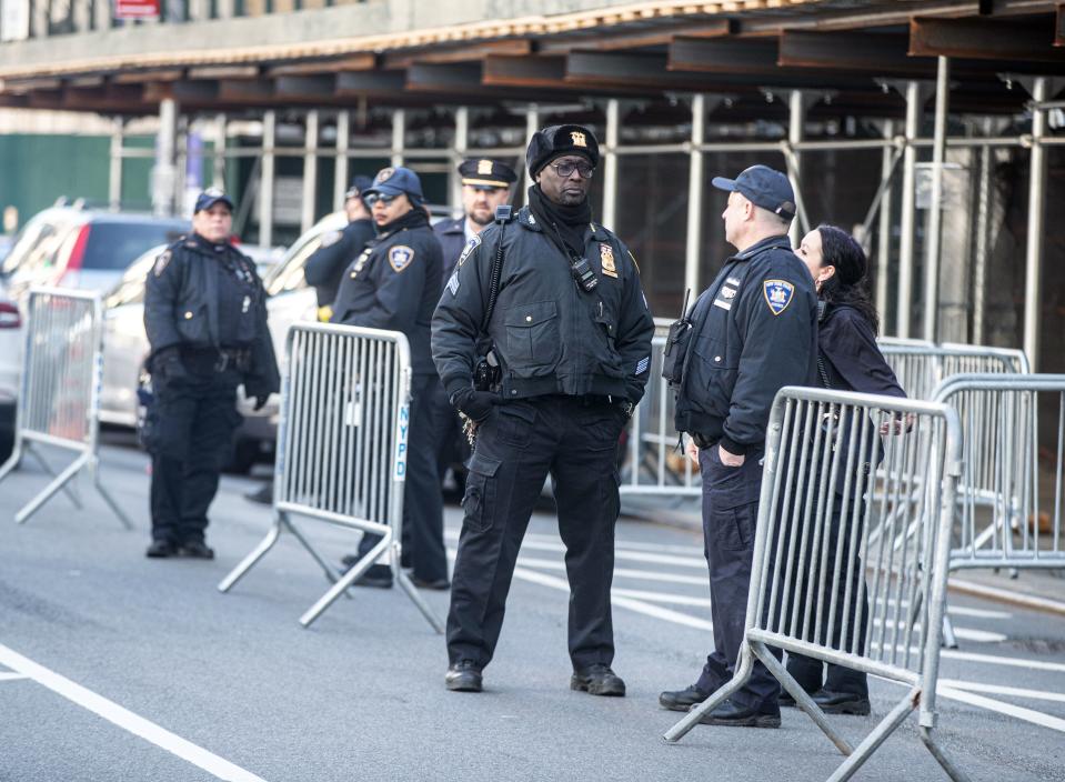Police monitor the Manhattan Criminal Courthouse April 3, 2023, a day before former President Donald Trump is to be arraigned after a grand jury voted to indict him last week.