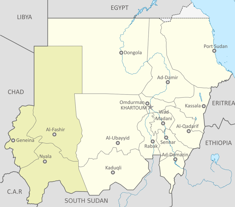 Mapa de Darfur en Sudán. <a href="https://snl.no/Darfur" rel="nofollow noopener" target="_blank" data-ylk="slk:Av Idaltu.;elm:context_link;itc:0;sec:content-canvas" class="link ">Av Idaltu.</a>, <a href="http://creativecommons.org/licenses/by-sa/4.0/" rel="nofollow noopener" target="_blank" data-ylk="slk:CC BY-SA;elm:context_link;itc:0;sec:content-canvas" class="link ">CC BY-SA</a>