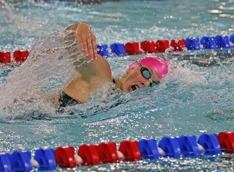 Perry's Quin Mahler-Moreno competes in the 500-yard freestyle at the state girls swimming meet at the Marshalltown Community YMCA on Saturday, Nov. 12, 2022, in Marshalltown.