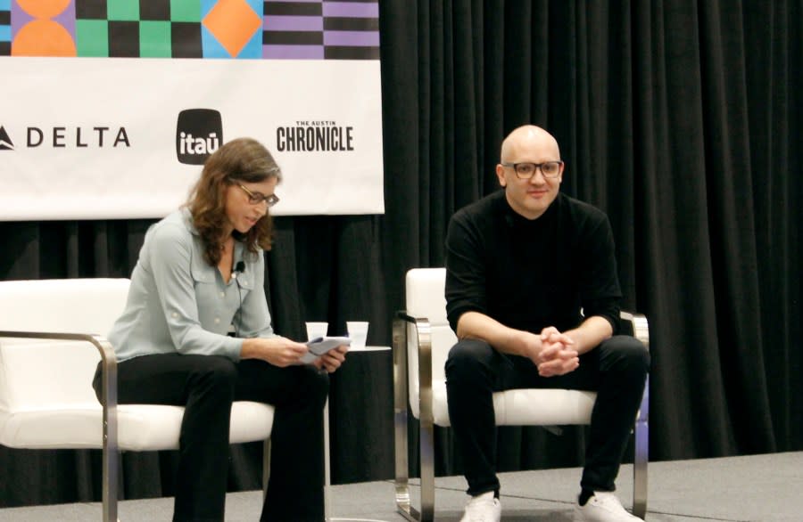 Eliza Strickland (left), senior editor for IEEE Spectrum, interviewed Michael Spranger (right), president of Sony AI, on March 13 at a SXSW conference session. (KXAN Photos/Cora Neas)