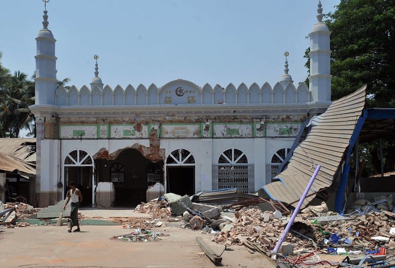 A partially destroyed mosque after sectarian violence, in Gyobingauk, on March 28, 2013. Riots killed 43 people in central Myanmar