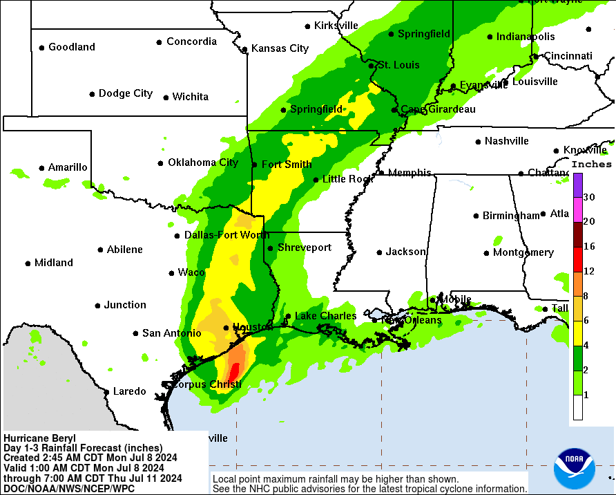 After making landfall in Texas early Monday morning, Beryl is expected to bring rain farther inland this week