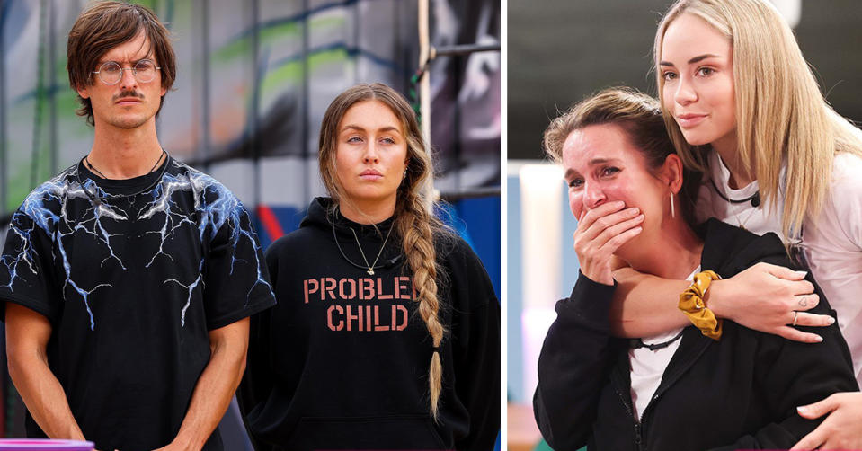 L: Big Brother housemates Taras and Gabbie stand before a challenge. R: Tully hugs Reggie as she cries