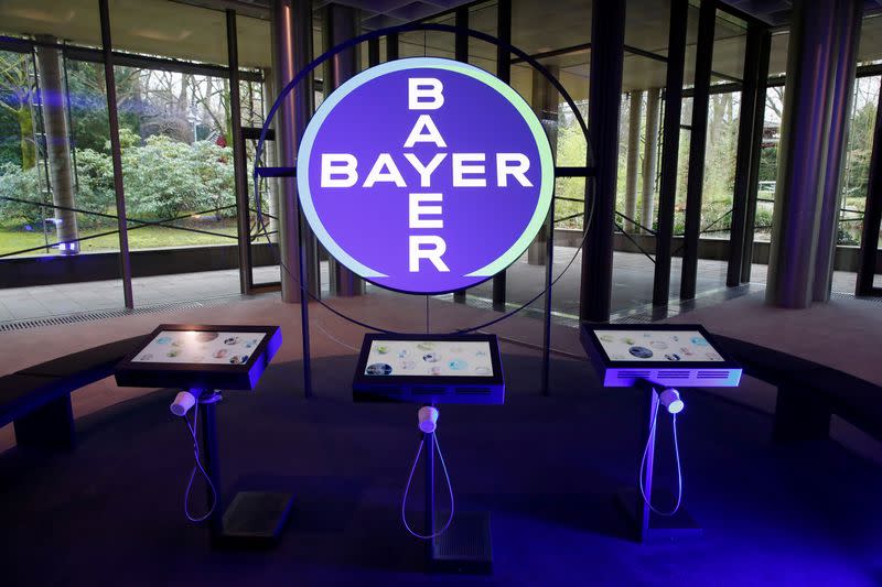 FILE PHOTO: The logo of Bayer AG is seen in a showroom of the German drugmaker where the annual results news conference takes place in Leverkusen