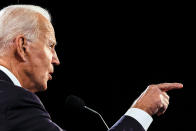 Democratic presidential candidate former Vice President Joe Biden speaks during the final presidential debate at Belmont University, Thursday, Oct. 22, 2020, in Nashville, Tenn., with President Donald Trump. (Jim Bourg/Pool via AP)