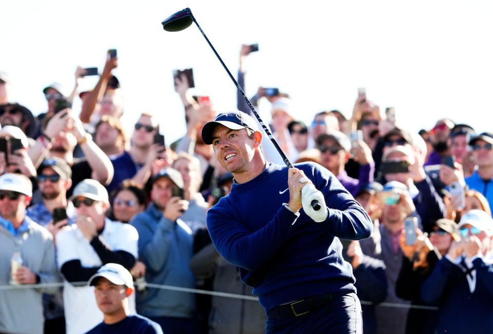 Feb 9, 2023; Scottsdale, AZ, USA; Rory McIlroy plays his tee shot on the 11th hole during round one of the WM Phoenix Open at TPC Scottsdale. Mandatory Credit: Rob Schumacher-Arizona Republic