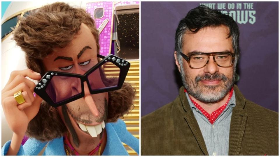 Side-by-side images of the animated character Vic Diamond from Thelma the Unicorn and voice actor Jemaine Clement