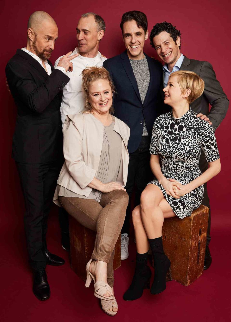 Sam Rockwell, Joel Fields, Nicole Fosse, Steven Levenson, Thomas Kail, and Michelle Williams of FX's 'Fosse' pose for a portrait during the 2019 Winter TCA Getty Images Portrait Studio at The Langham Huntington, Pasadena on February 4, 2019 in Pasadena, California