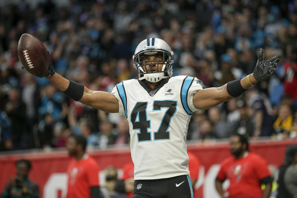 Carolina Panthers defensive back Ross Cockrell (47) reacts after an interception against the Tampa Bay Buccaneers during the second half of an NFL football game, Sunday, Oct. 13, 2019, at Tottenham Hotspur Stadium in London. The Panthers won 37-26.(AP Photo/Tim Ireland)