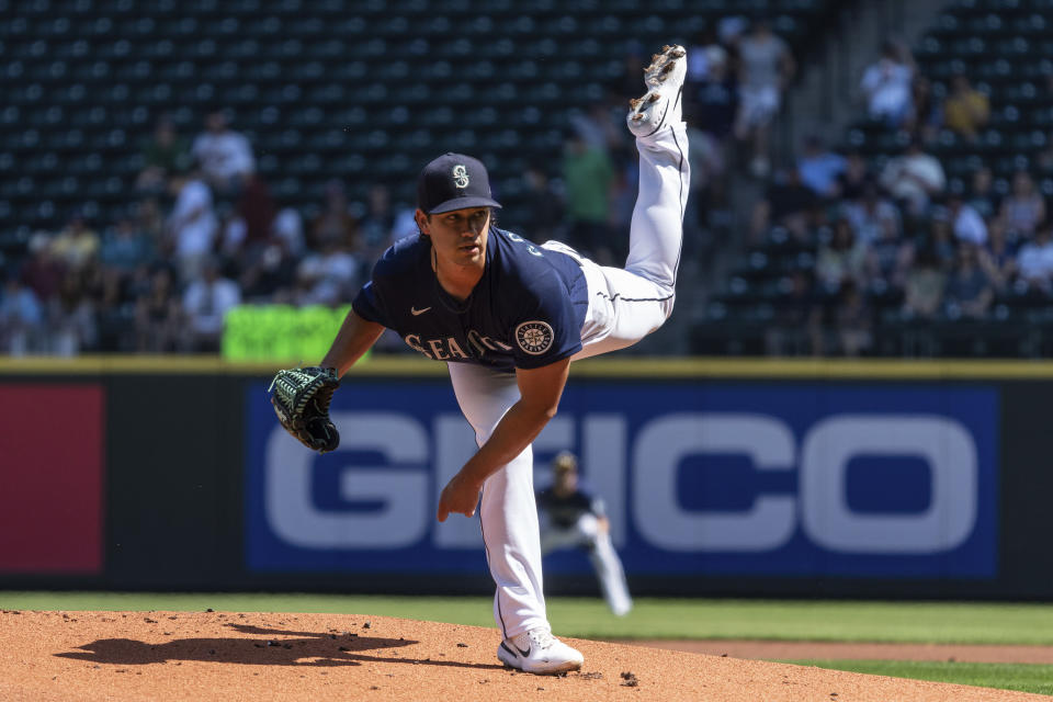 Seattle Mariners starter Marco Gonzales delivers a pitch during the first inning of a baseball game against the Cleveland Guardians, Thursday, Aug. 25, 2022, in Seattle. (AP Photo/Stephen Brashear)