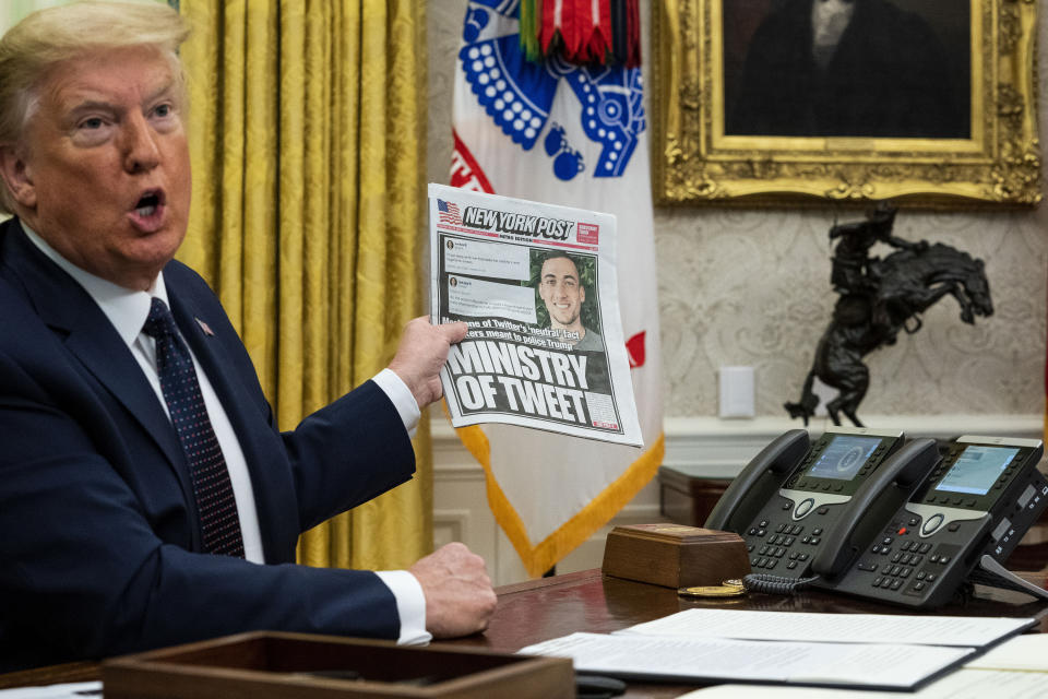 WASHINGTON, DC - MAY 28: U.S. President Donald Trump speaks in the Oval Office before signing an executive order related to regulating social media on May 28, 2020 in Washington, DC. Trump's executive order could lead to attempts to punish companies such as Twitter and Google for attempting to point out factual inconsistencies in social media posts by politicians. (Photo by Doug Mills-Pool/Getty Images)