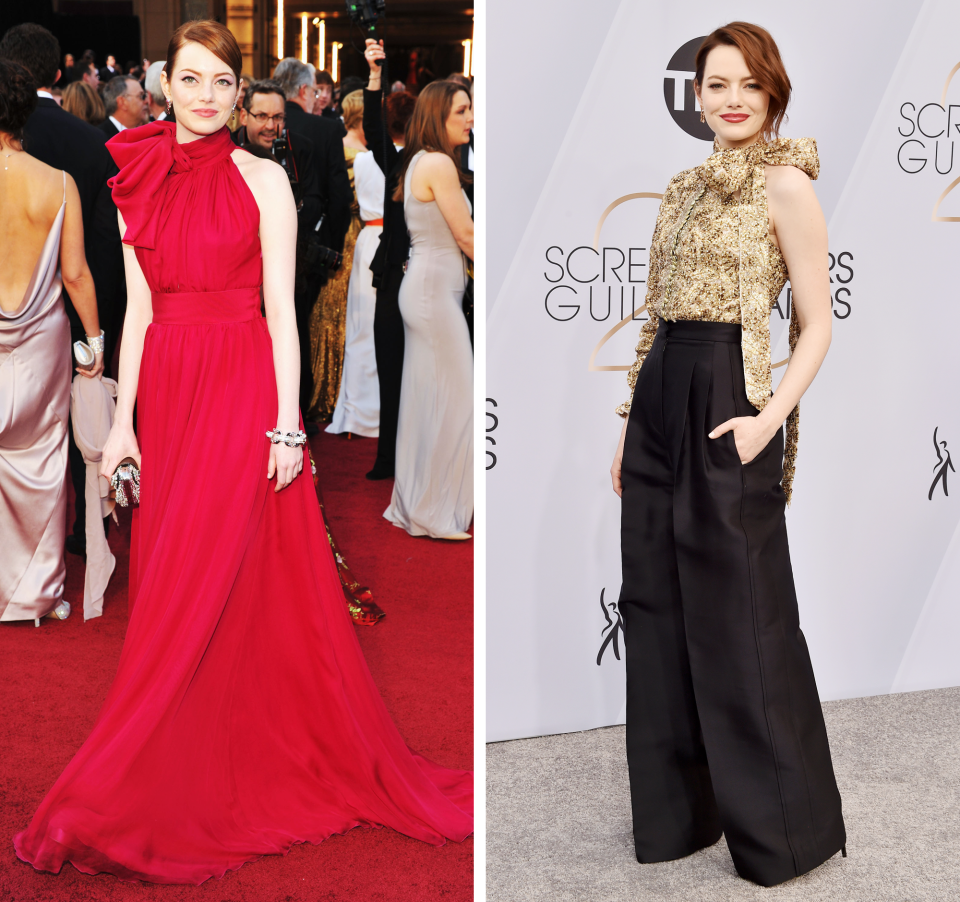 Left, at the Oscars on February 26, 2012; right, at the SAG Awards on January 27, 2019.