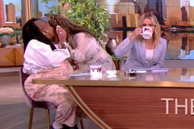 <p>ABC</p> Whoopi Goldberg whispers into Sunny Hostin's ear on 'The View'