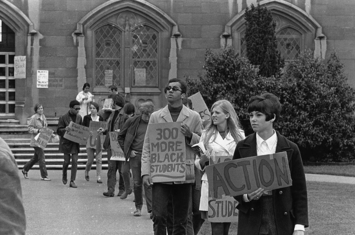 A protest led by the Black Student Union at the University of Washington at Seattle, 1968. <a href="https://depts.washington.edu/labpics/zenPhoto/uw_bsu/pitre/photo12.jpg" rel="nofollow noopener" target="_blank" data-ylk="slk:Emile Pitre Collection;elm:context_link;itc:0;sec:content-canvas" class="link ">Emile Pitre Collection</a>