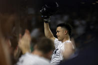 New York Yankees designated hitter Giancarlo Stanton gets a curtain call after hitting a two-run home run against the Detroit Tigers during the sixth inning of a baseball game Tuesday, Sept. 5, 2023, in New York. The home run was Stanton's 400th in the majors. (AP Photo/Adam Hunger)
