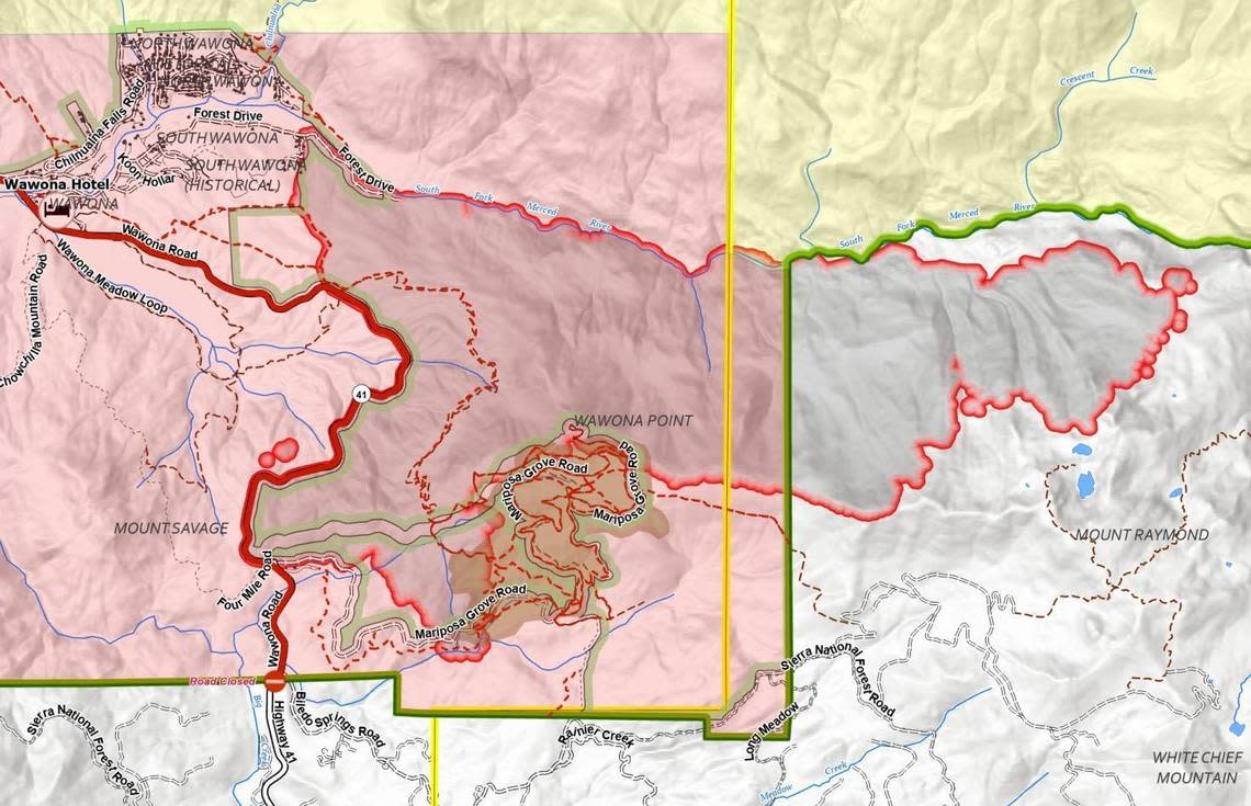 The perimeter of the Washburn Fire burning in Yosemite National Park is shown on this map from the National Interagency Fire Center on Thursday morning, July 14, 2022, including the extent to which the fire has expanded east beyond the park boundary (the green line) into the adjacent Sierra National Forest.