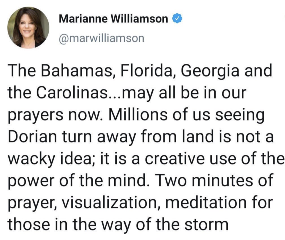 Marianne Williamson's now deleted tweet that suggested "two minutes of prayer" for those in the way of the storm. (Photo: Twitter)